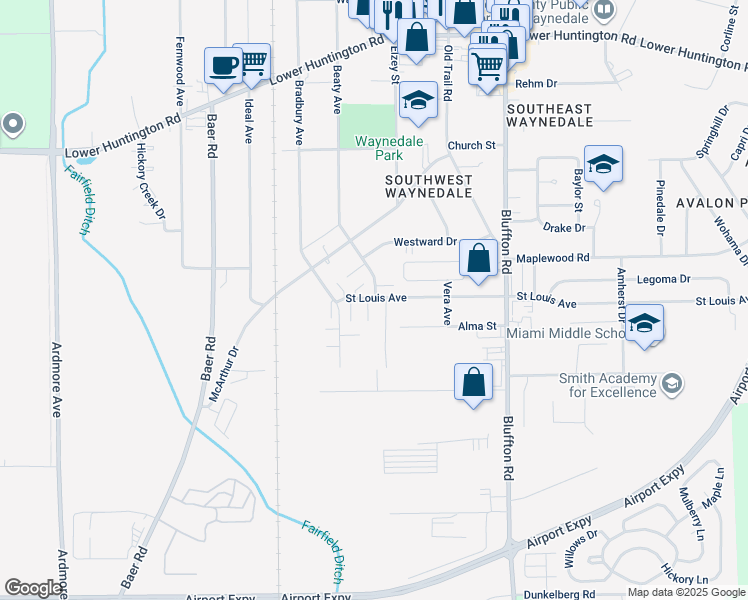 map of restaurants, bars, coffee shops, grocery stores, and more near 2833 Saint Louis Avenue in Fort Wayne