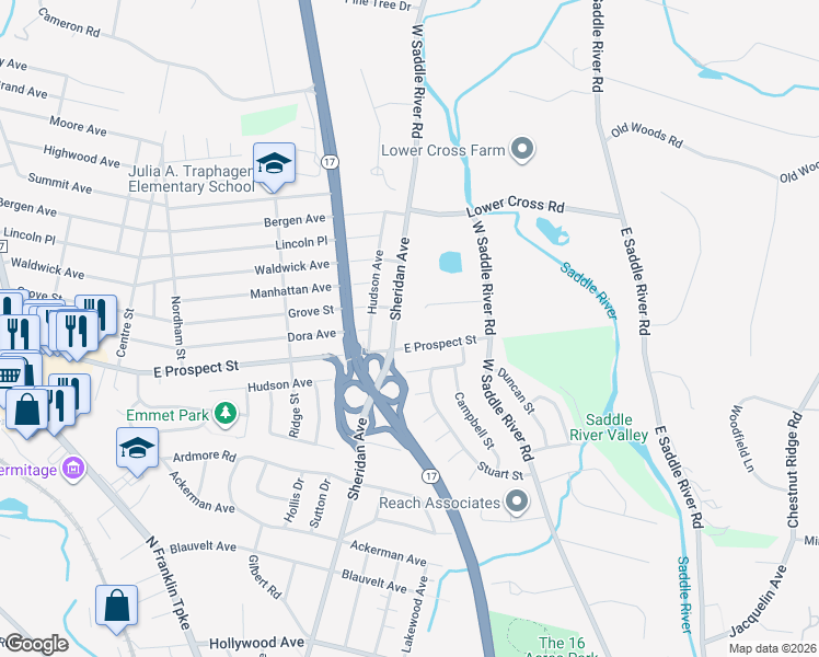 map of restaurants, bars, coffee shops, grocery stores, and more near 7 Westwind Court in Saddle River