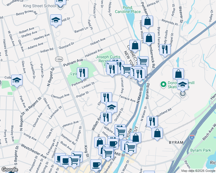 map of restaurants, bars, coffee shops, grocery stores, and more near 221 1/2 Mortimer Street in Port Chester