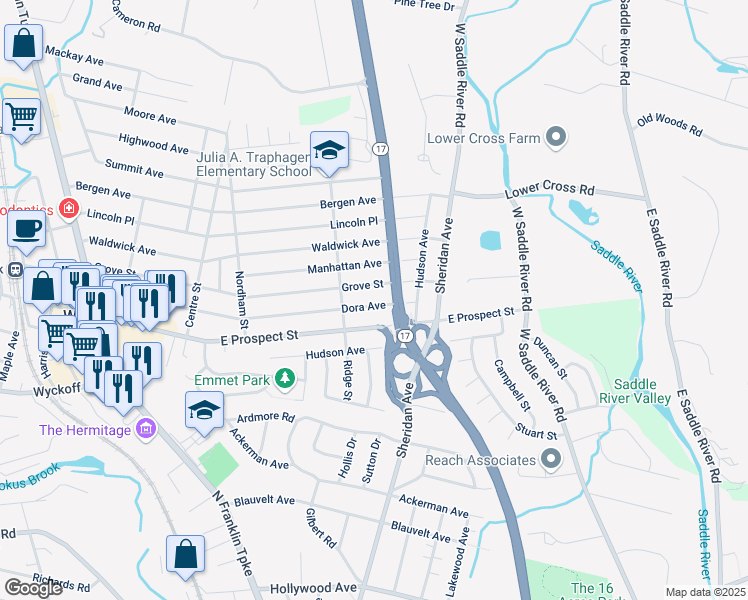 map of restaurants, bars, coffee shops, grocery stores, and more near 136 Dora Avenue in Waldwick