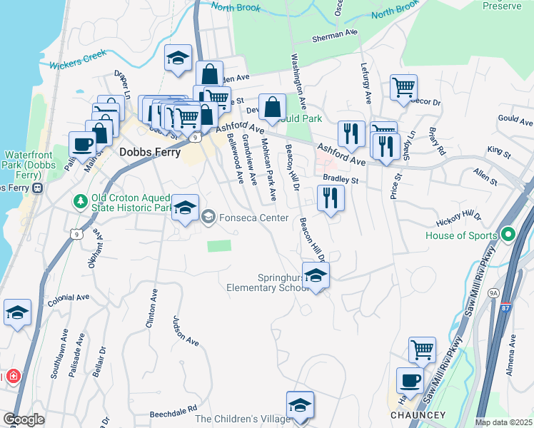 map of restaurants, bars, coffee shops, grocery stores, and more near in Dobbs Ferry
