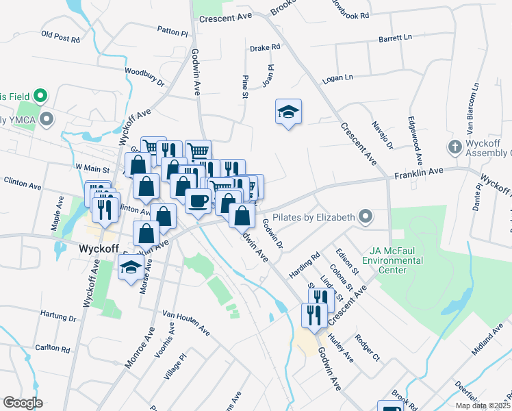 map of restaurants, bars, coffee shops, grocery stores, and more near 283R Franklin Avenue in Wyckoff