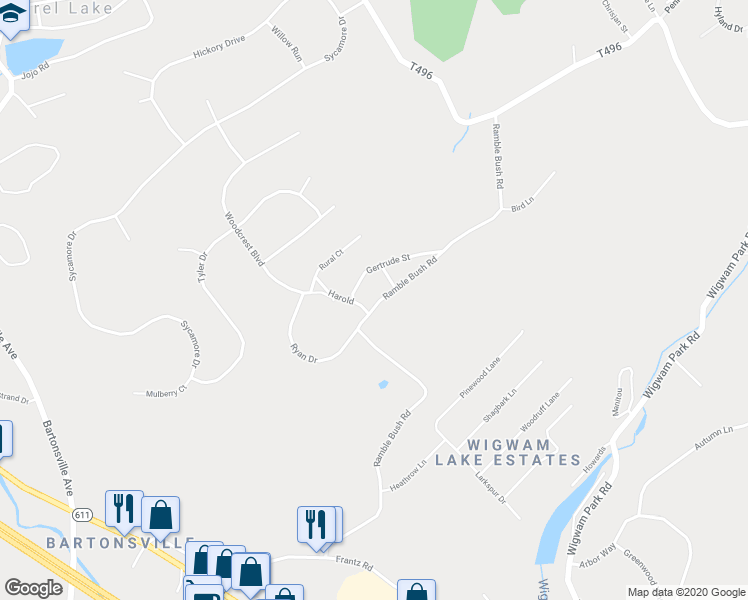 map of restaurants, bars, coffee shops, grocery stores, and more near 257 Ramble Bush Road in Stroudsburg