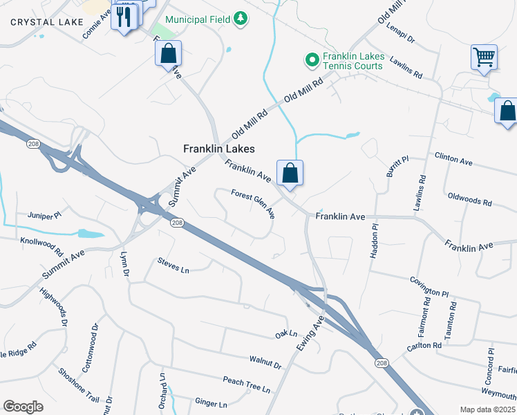 map of restaurants, bars, coffee shops, grocery stores, and more near 307 Forest Glen Avenue in Franklin Lakes