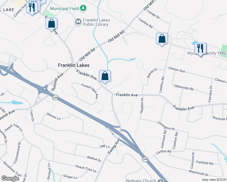 map of restaurants, bars, coffee shops, grocery stores, and more near 575 Franklin Avenue in Franklin Lakes