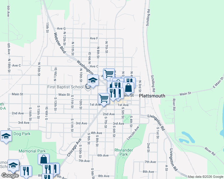 map of restaurants, bars, coffee shops, grocery stores, and more near 521 Main Street in Plattsmouth