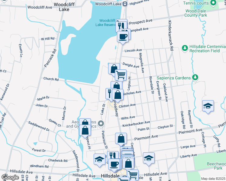 map of restaurants, bars, coffee shops, grocery stores, and more near 351 Broadway in Hillsdale