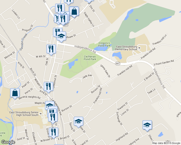 map of restaurants, bars, coffee shops, grocery stores, and more near Jasper Lane in East Stroudsburg