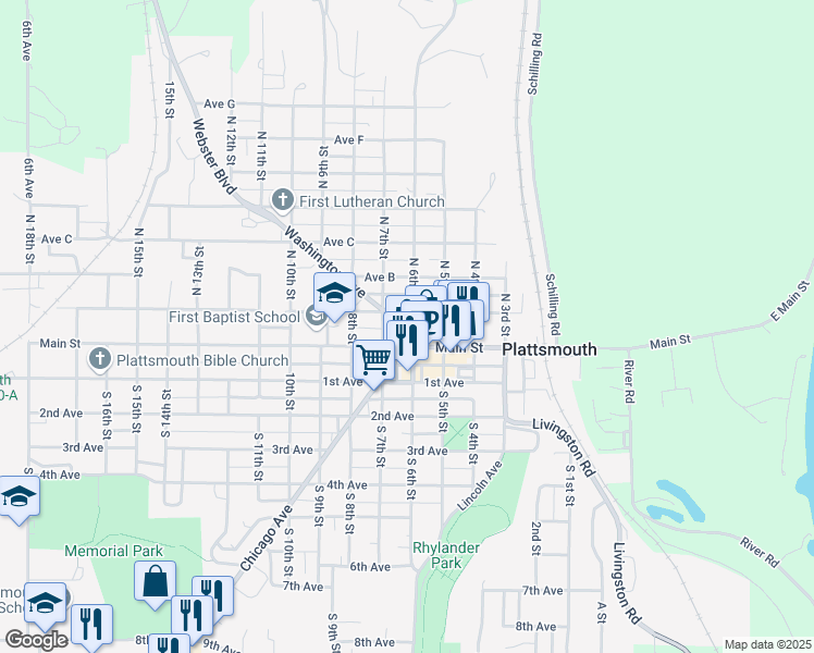map of restaurants, bars, coffee shops, grocery stores, and more near 128 North 6th Street in Plattsmouth