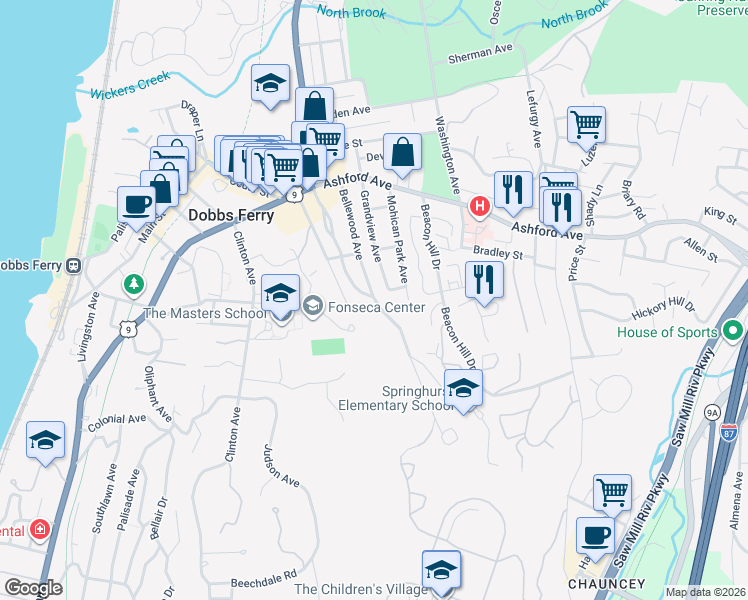 map of restaurants, bars, coffee shops, grocery stores, and more near in Dobbs Ferry