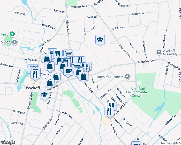 map of restaurants, bars, coffee shops, grocery stores, and more near 283r Franklin Avenue in Wyckoff