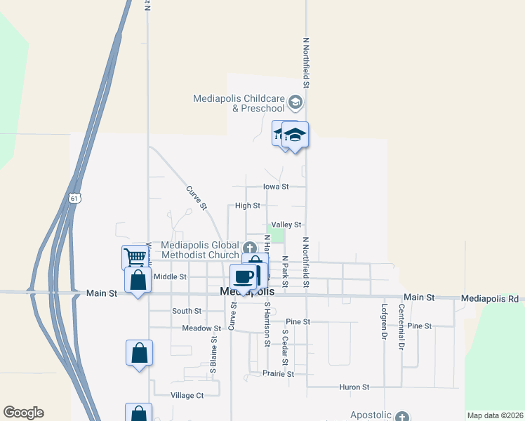map of restaurants, bars, coffee shops, grocery stores, and more near 707 Valley St in Mediapolis