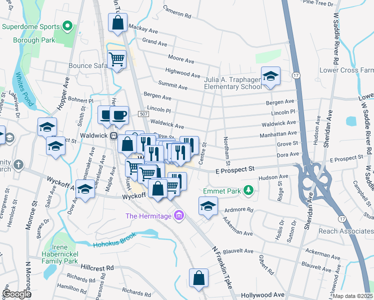 map of restaurants, bars, coffee shops, grocery stores, and more near 42 Dora Avenue in Waldwick
