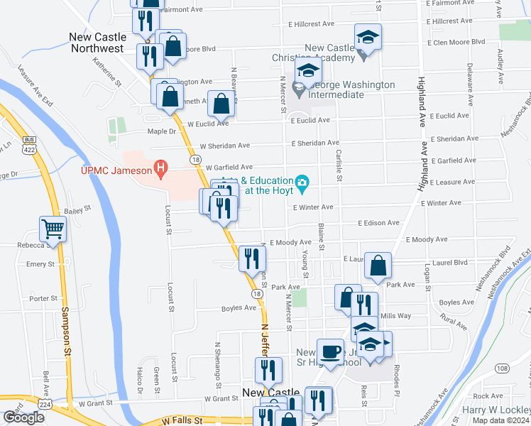 map of restaurants, bars, coffee shops, grocery stores, and more near 1010 North Jefferson Street in New Castle