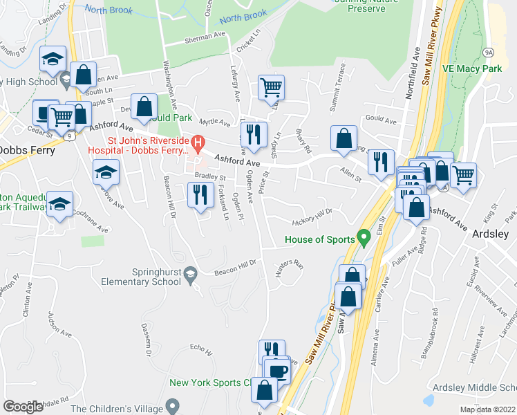 map of restaurants, bars, coffee shops, grocery stores, and more near 74 Ogden Avenue in Dobbs Ferry