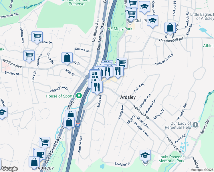 map of restaurants, bars, coffee shops, grocery stores, and more near 506 Ashford Avenue in Ardsley