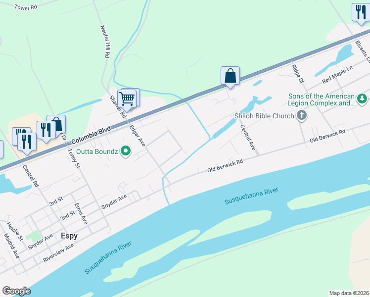 map of restaurants, bars, coffee shops, grocery stores, and more near 180 Crabapple Ln in Bloomsburg