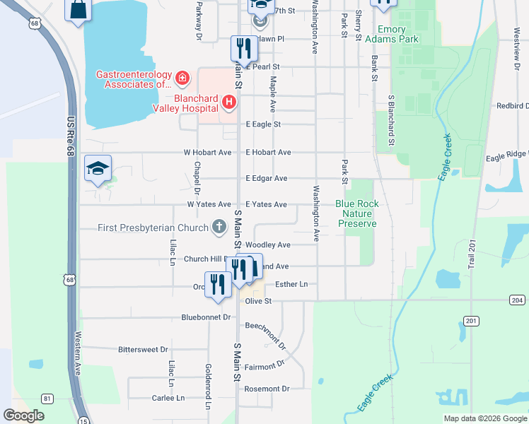 map of restaurants, bars, coffee shops, grocery stores, and more near 126 Woodley Terrace in Findlay