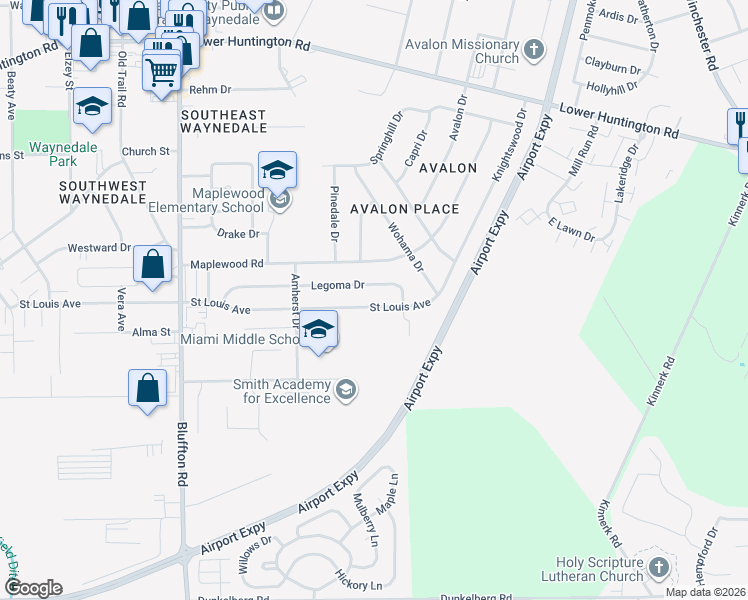 map of restaurants, bars, coffee shops, grocery stores, and more near 1729 St Louis Ave in Fort Wayne