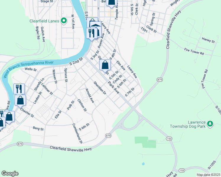 map of restaurants, bars, coffee shops, grocery stores, and more near 512 Sheridan Drive in Clearfield