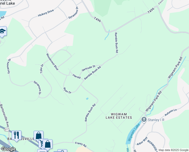 map of restaurants, bars, coffee shops, grocery stores, and more near 270 Ramble Bush Road in Stroudsburg