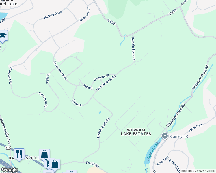 map of restaurants, bars, coffee shops, grocery stores, and more near 270 Ramble Bush Road in Stroudsburg