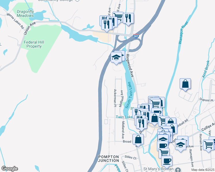 map of restaurants, bars, coffee shops, grocery stores, and more near 305 Federal Hill Road in Pompton Lakes