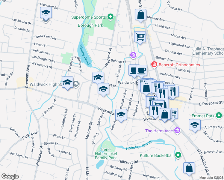 map of restaurants, bars, coffee shops, grocery stores, and more near 8 Chopek Lane in Waldwick
