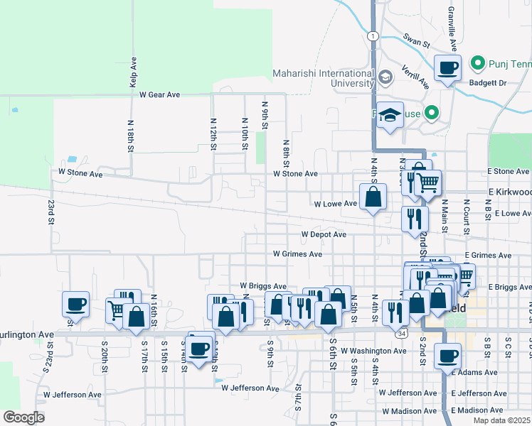 map of restaurants, bars, coffee shops, grocery stores, and more near 599 North 9th Street in Fairfield