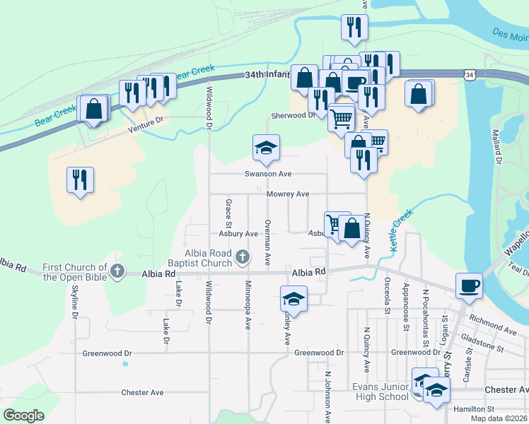 map of restaurants, bars, coffee shops, grocery stores, and more near 701-753 Overman Ave in Ottumwa