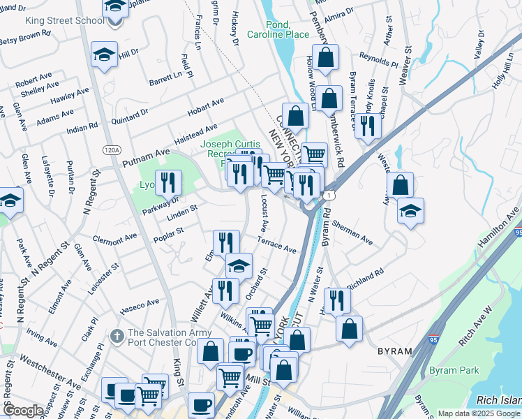 map of restaurants, bars, coffee shops, grocery stores, and more near 518 Locust Avenue in Port Chester