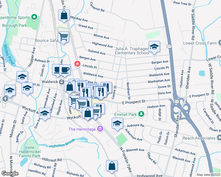 map of restaurants, bars, coffee shops, grocery stores, and more near 42 Dora Avenue in Waldwick