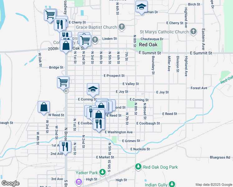 map of restaurants, bars, coffee shops, grocery stores, and more near 501-599 E Corning St in Red Oak