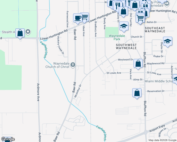 map of restaurants, bars, coffee shops, grocery stores, and more near 3121 McArthur Drive in Fort Wayne
