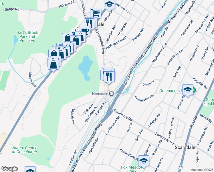 map of restaurants, bars, coffee shops, grocery stores, and more near 210 East Hartsdale Avenue in Hartsdale