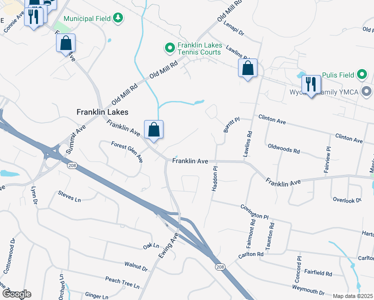 map of restaurants, bars, coffee shops, grocery stores, and more near 565 Franklin Avenue in Franklin Lakes
