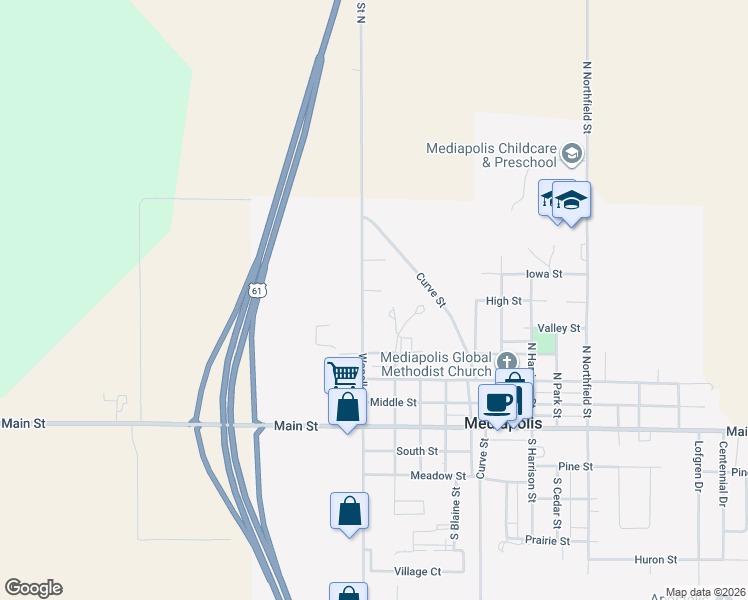 map of restaurants, bars, coffee shops, grocery stores, and more near 504 North Wapello Road in Mediapolis