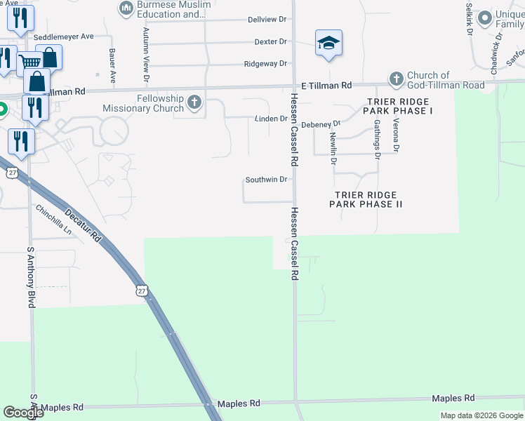 map of restaurants, bars, coffee shops, grocery stores, and more near 3020 Crestmont Drive in Fort Wayne