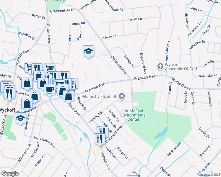 map of restaurants, bars, coffee shops, grocery stores, and more near 222 Franklin Avenue in Wyckoff