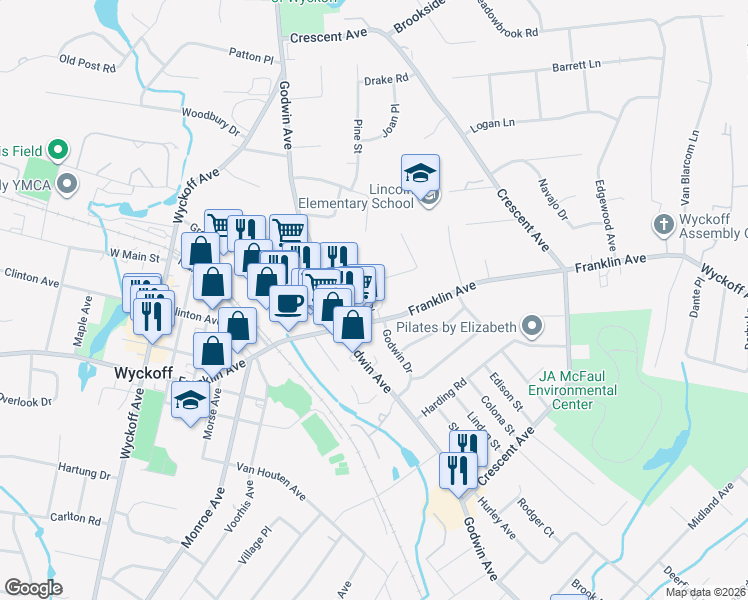 map of restaurants, bars, coffee shops, grocery stores, and more near 292 Wiley Place in Wyckoff