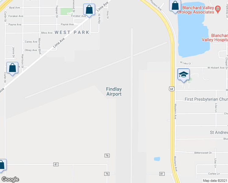 map of restaurants, bars, coffee shops, grocery stores, and more near 1615 Gray Street in Findlay