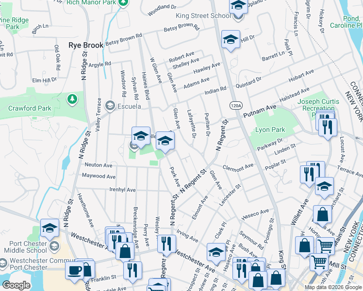 map of restaurants, bars, coffee shops, grocery stores, and more near 46 University Place in Port Chester