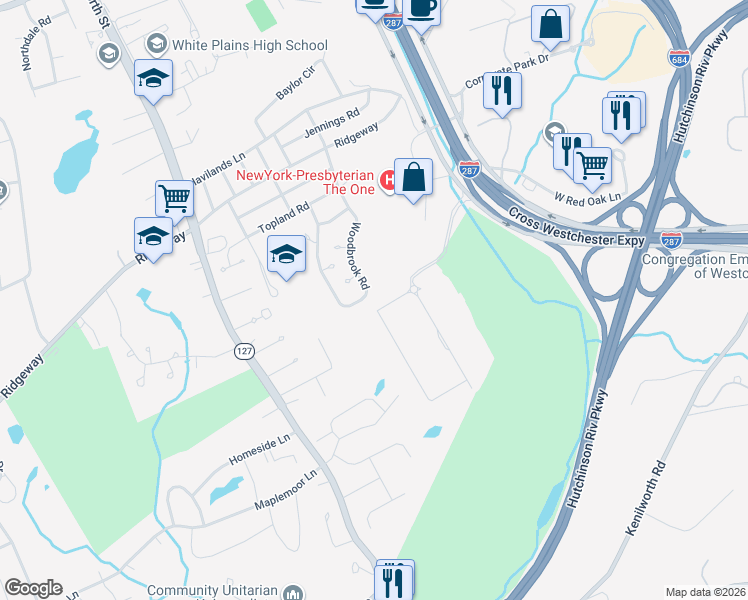 map of restaurants, bars, coffee shops, grocery stores, and more near 1133 Westchester Avenue in White Plains