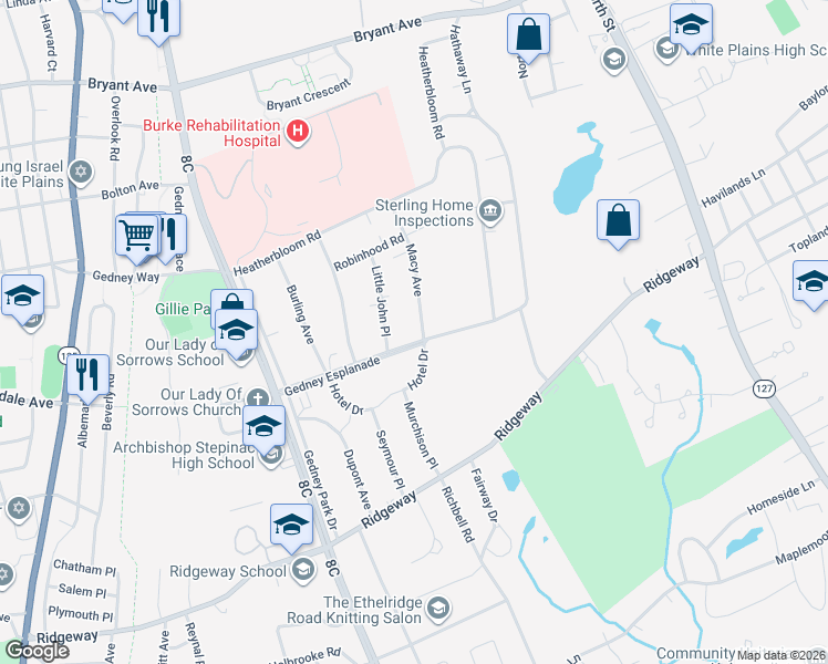 map of restaurants, bars, coffee shops, grocery stores, and more near 33 Gedney Esplanade in White Plains