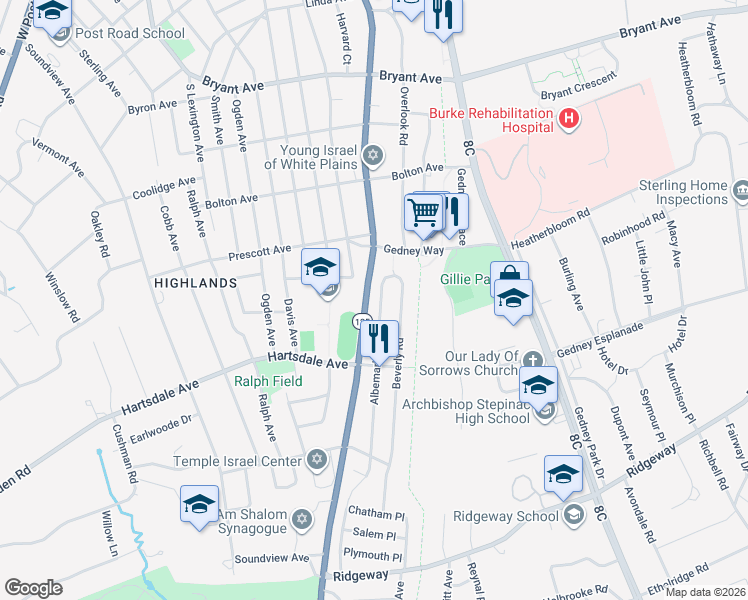 map of restaurants, bars, coffee shops, grocery stores, and more near 47 Albemarle Road in White Plains