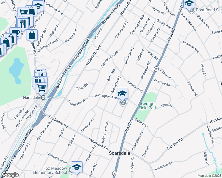 map of restaurants, bars, coffee shops, grocery stores, and more near 11 Huntington Avenue in Scarsdale