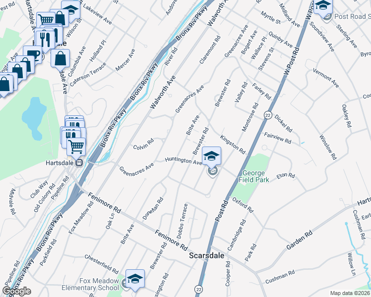 map of restaurants, bars, coffee shops, grocery stores, and more near 11 Huntington Avenue in Scarsdale