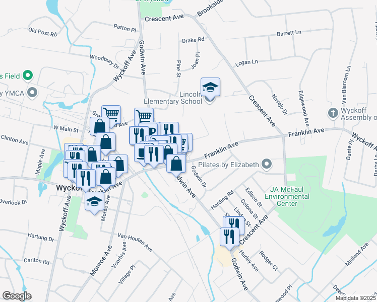 map of restaurants, bars, coffee shops, grocery stores, and more near 283r Franklin Avenue in Wyckoff