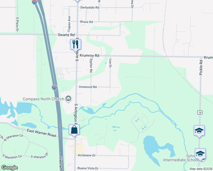 map of restaurants, bars, coffee shops, grocery stores, and more near 1026 Ironwood Road in Akron