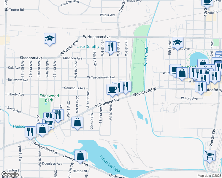 map of restaurants, bars, coffee shops, grocery stores, and more near 28 15th Street Northwest in Barberton